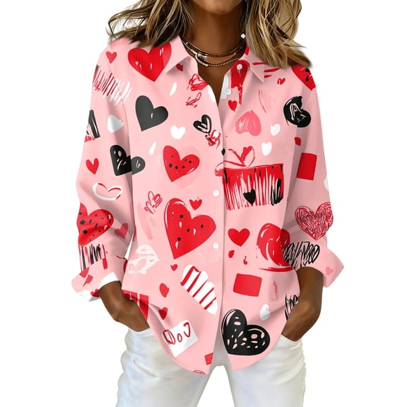 Kixjoy Valentines Tops for Women Long Sleeve Button Down Collared Shirts Trendy Lightweight Lounge Tunic Tops Dressy Cozy Graphic Tees, Pink S