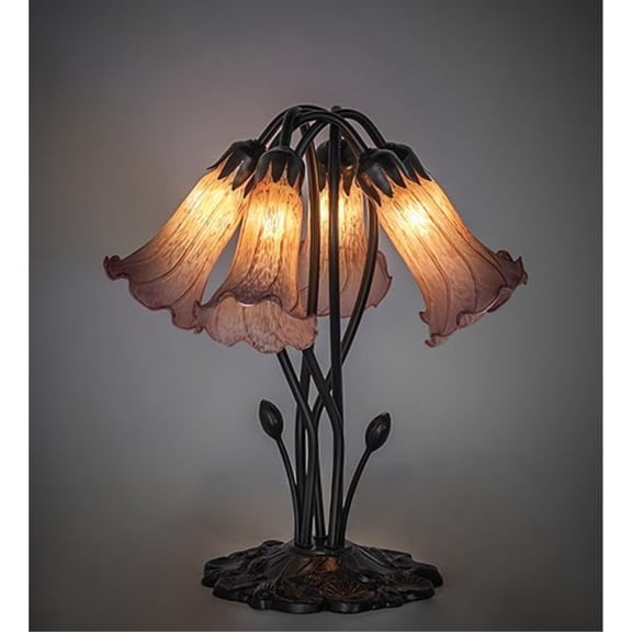 16" High Amber/Purple Tiffany Pond Lily 5 Light Table Lamp