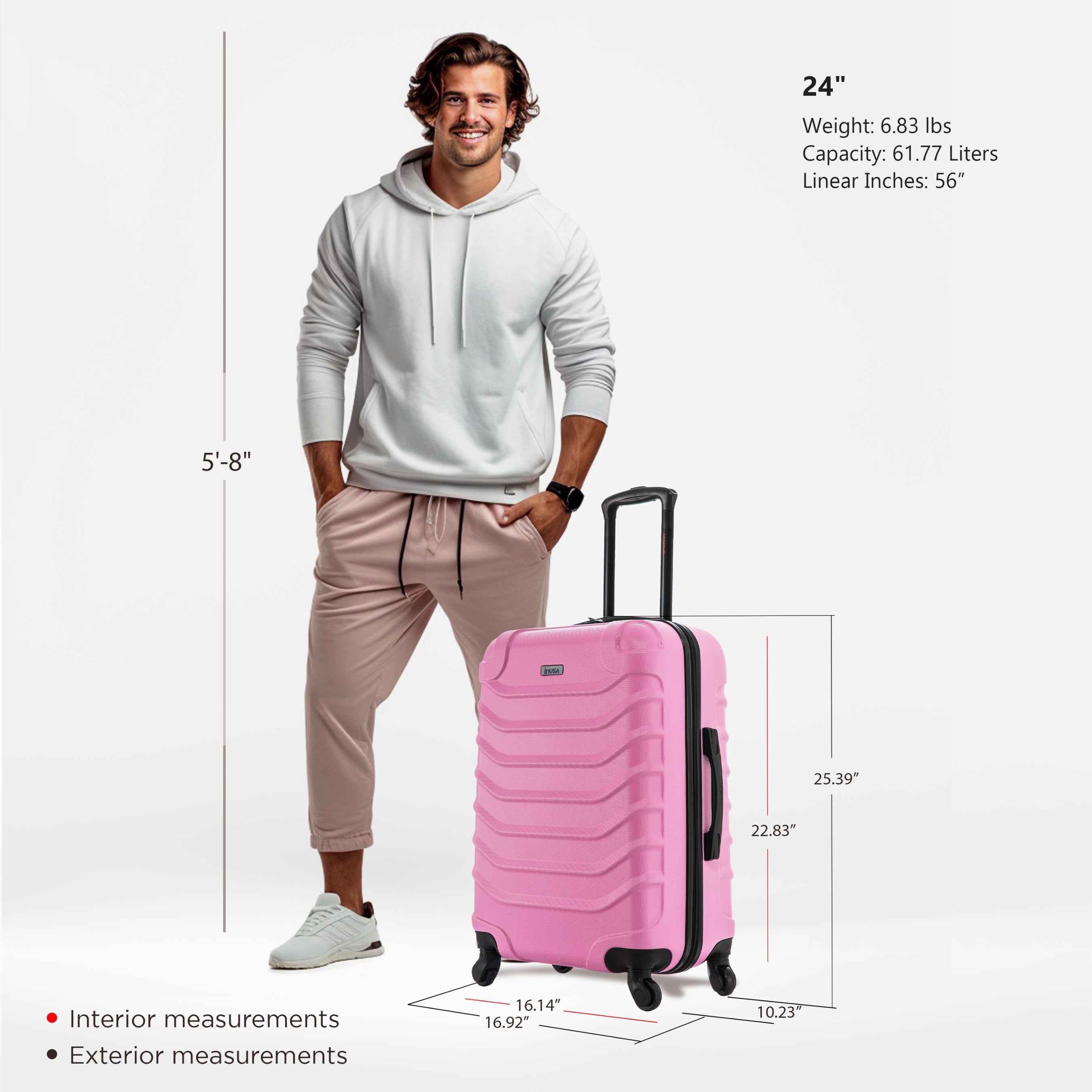InUSA Endurance 24" Hardside Lightweight Luggage with Spinner Wheels, Handle, and Trolley, Pink