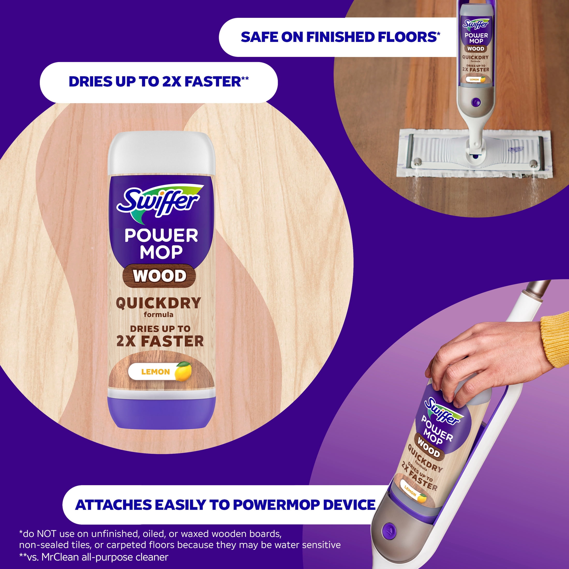 (3 pack) Swiffer Power Mop Wood Refill Solution, QuickDry Hardwood Floor Cleaner, Lemon Scent, 25.3 fl oz