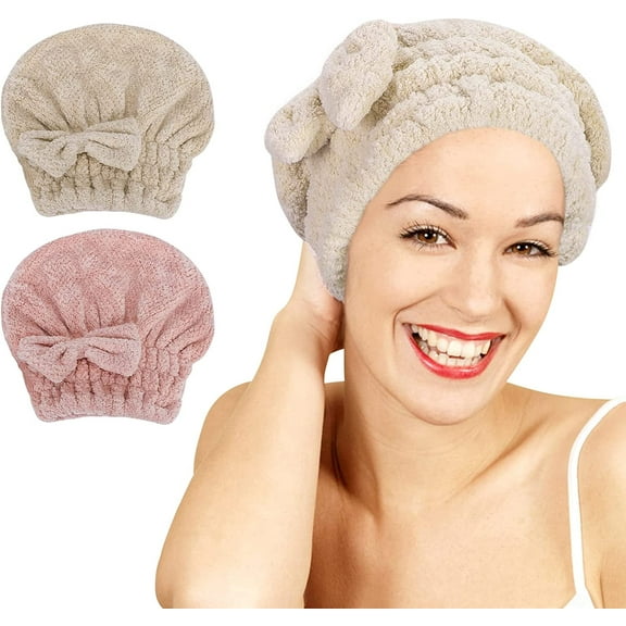 Homelove 2 Pack Microfiber Hair Drying Towels, Super Absorbent Turban Hair Towel Cap, Quick Dry Head wrap with Bow-Knot Shower Cap for for Curly, Long, Thick Hair & Wet Hair (Pink & Brown)