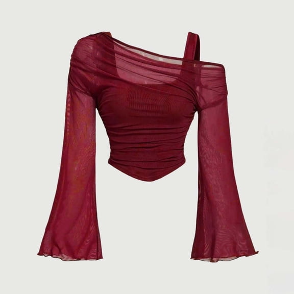 Women's Plus Size 2 in 1 Off Shoulder T Shirt Ruched Sheer Bell Long Sleeve Tee, Casual Slim Fit Going Out Y2k Shirts Blouses(Red,XXL)