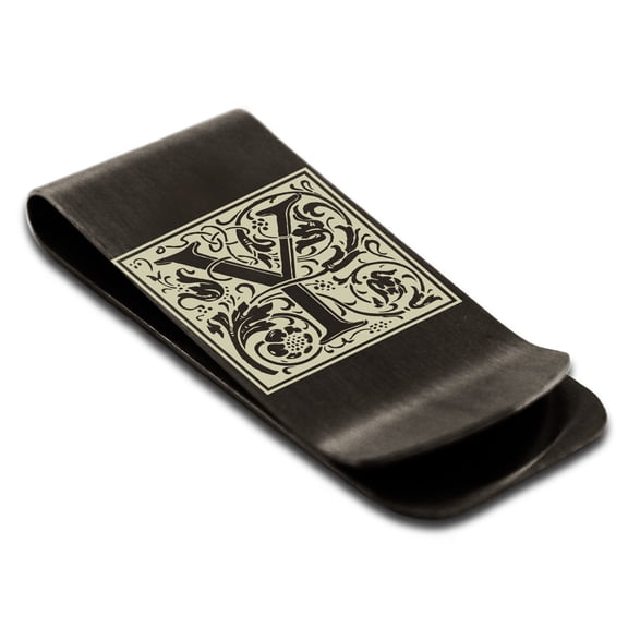 Stainless Steel Letter Y Initial Floral Box Monogram Engraved Engraved Money Clip Credit Card Holder