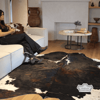 Dark Tricolor Cowhide Rug, 5x7 ft, Genuine Leather, Natural Cowhide for Modern & Rustic Decor