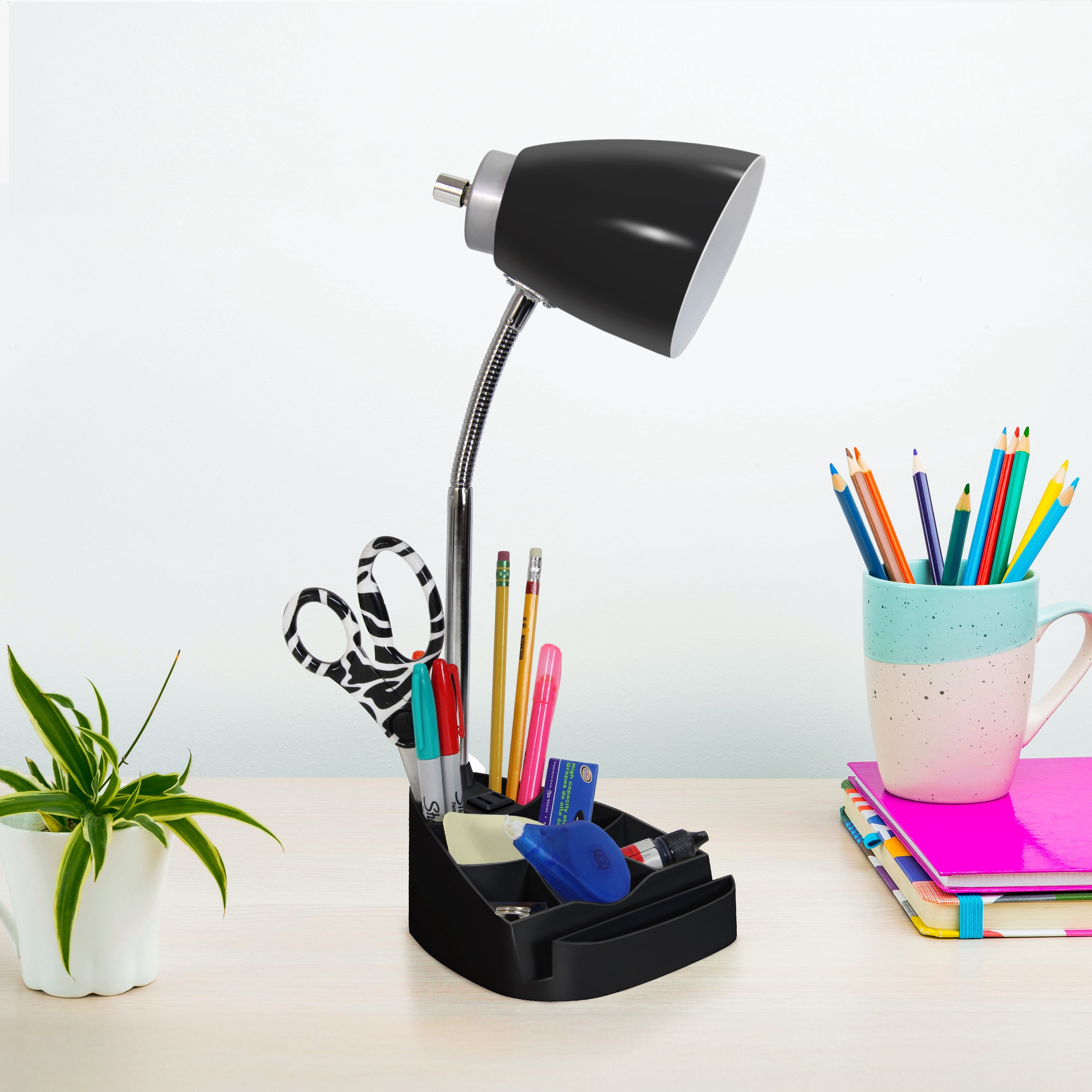 Creekwood Home 18.5" Flexible Coordinating Desk Lamp with Charging Outlet & Storage, Black