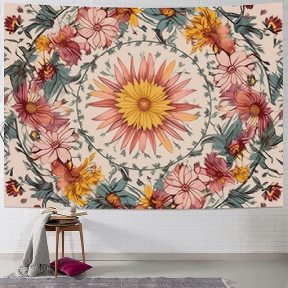 PRATYUS Mandala Floral Medallion Tapestry, Sketched Flower Plant Boho Wall Hanging, Bohemian Hippie Tapestries for Bedroom Living Room Dorm Home Décor 40x30inch