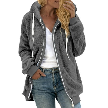 JGGSPWM Women s Fleece Hooded Coat Plus Size Plush Fuzzy Hoodies Loose Zipper Drawstring Winter Warm Long Sleeve Outwear Dark Gray XXL