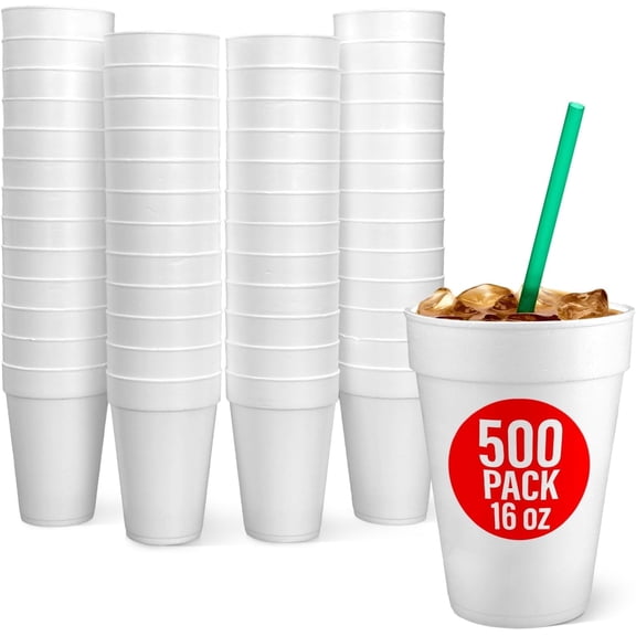 Styrofoam Cups 16 Oz, 500 Count Disposable Foam Cups for Coffee, Tea, Hot Cocoa, Soup, Broth, Smoothie, Soda, Juice