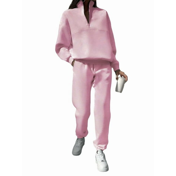 Women'S Sweatsuit Sets 2 Piece Fleece Outfit Half Zip Sweatshirt and Joggers Pants Tracksuit Pink XXL