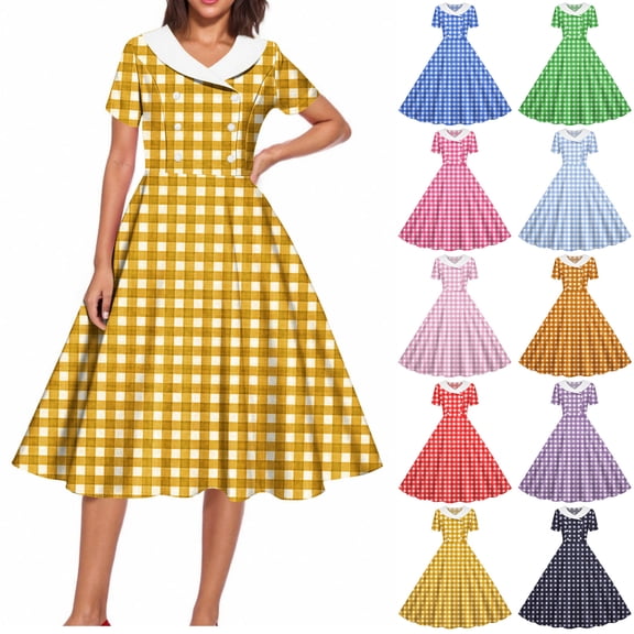Tumotour Summer T-Shirt Dress for Women's Flowy Pleated A-Line Dress Lapel Short Sleeve Mid-Length Plaid Beach Sundress