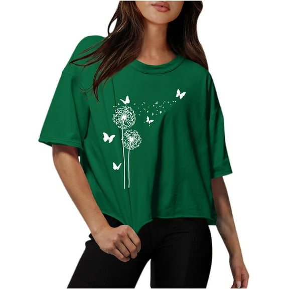 Womens Tops Plus Size Workout Crop Half Sleeve Crewneck Drop Shoulder Print T Shirts Summer Fall Casual Solid Basic Tees Blouse,Green 2,3XL