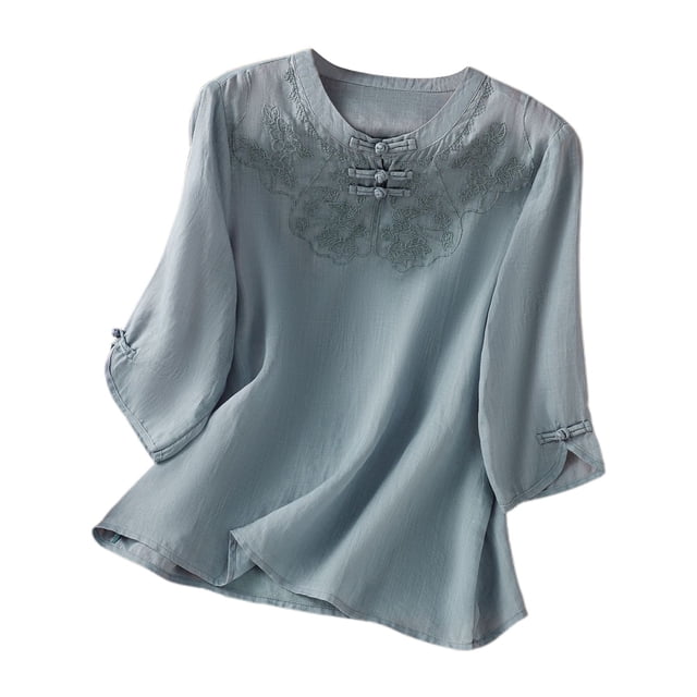 Camiseta bordada elegante para mujer: blusa clásica informal de cuello redondo