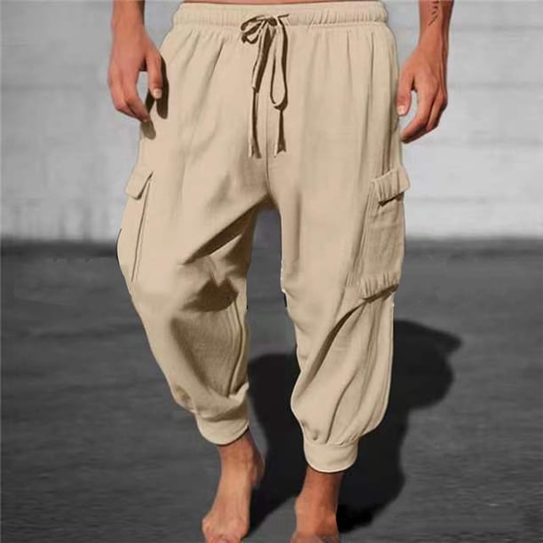 Pantalones deportivos de color liso para hombre, holgados, con cordones y pierna roscada, cargo, de longitud hasta el tobillo