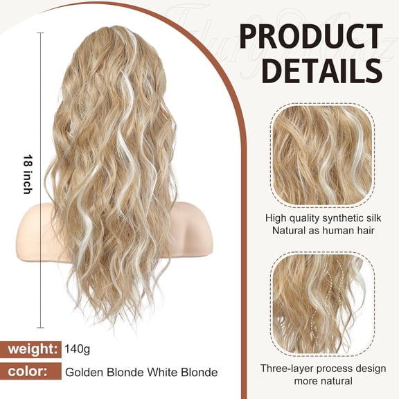 WEIF-FLUFYMOOZ Ponytail Extension, 18 Inch Claw Clip Ponytail Extension, Wavy Curly Claw Clip in Ponytail Hair Extensions, Natural Fake Ponytail Synthetic Hairpiece for Women (Golden Blonde White