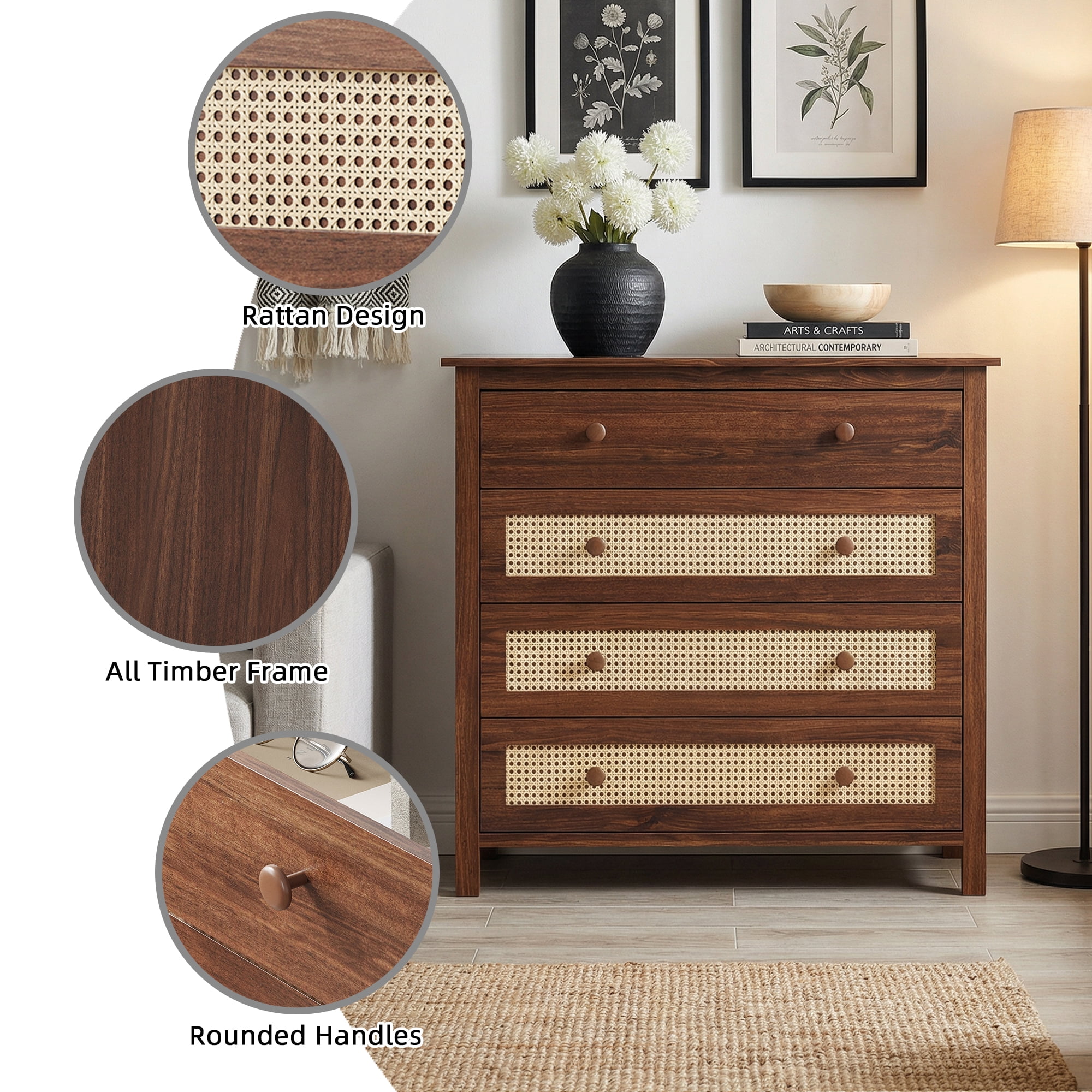 MAYEERTY 4-Drawer Sideboard Buffet Cabinet - Modern Console Cabinet for Living Room & Kitchen, Walnut