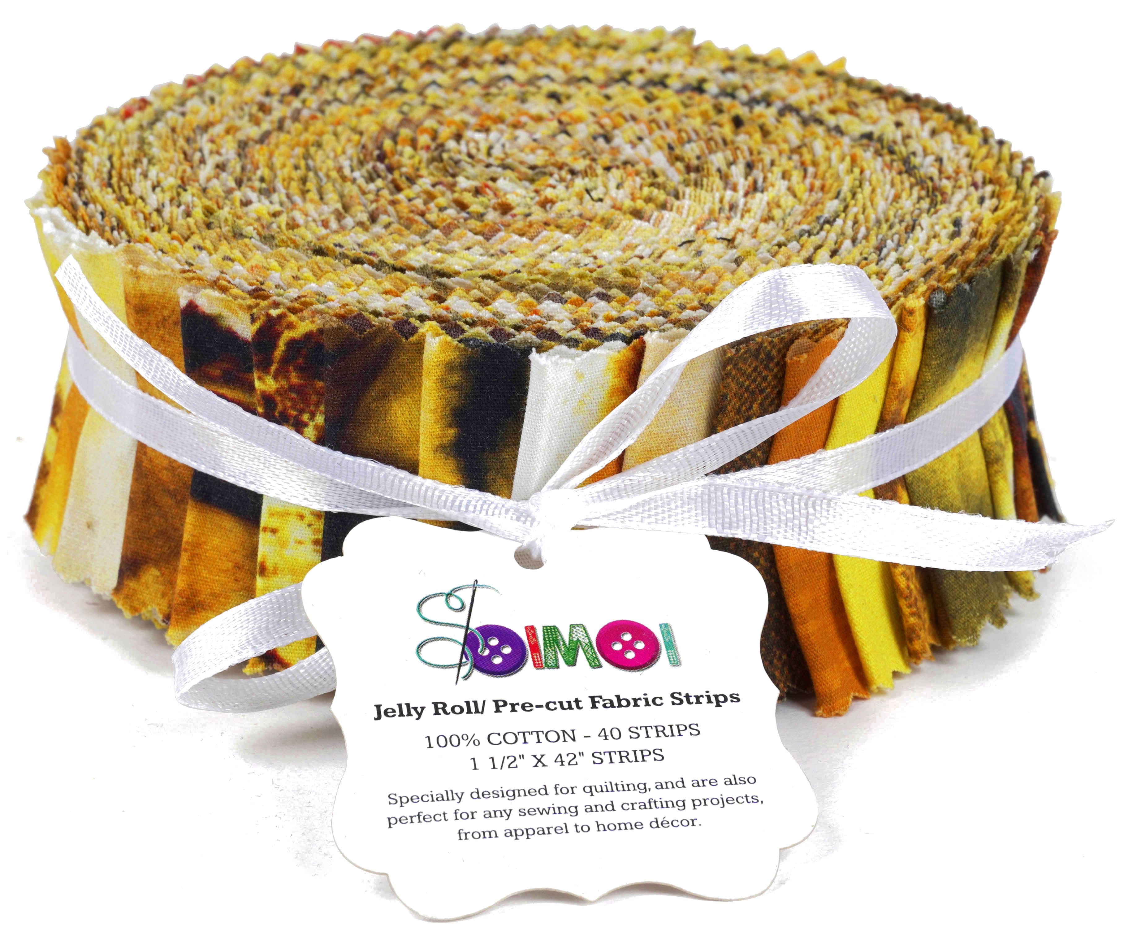 Soimoi 40Pcs Tie Dye Print Precut Fabrics Strips Roll Up 1.5x42inches Cotton Jelly Rolls For Quilting - Yellow