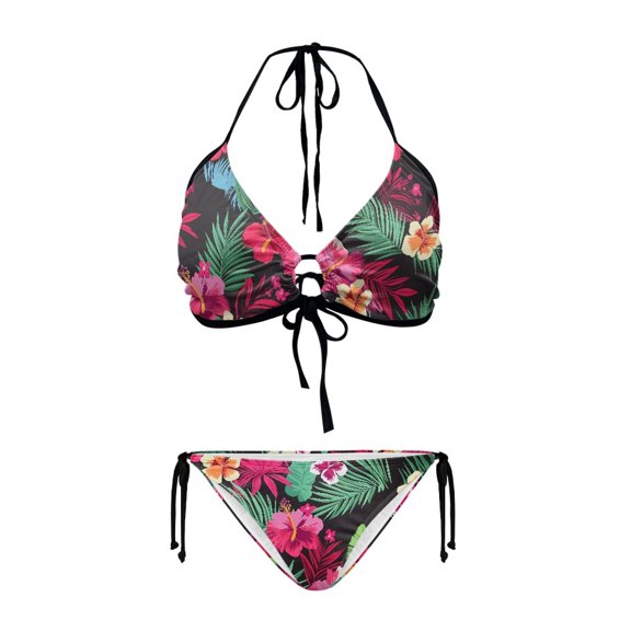 Chririnla Women's Tropical Hibiscus Floral Halter Bikini Set Sexy Two-Piece Triangle Swimsuit with Tie Sides for Beach & Vacation