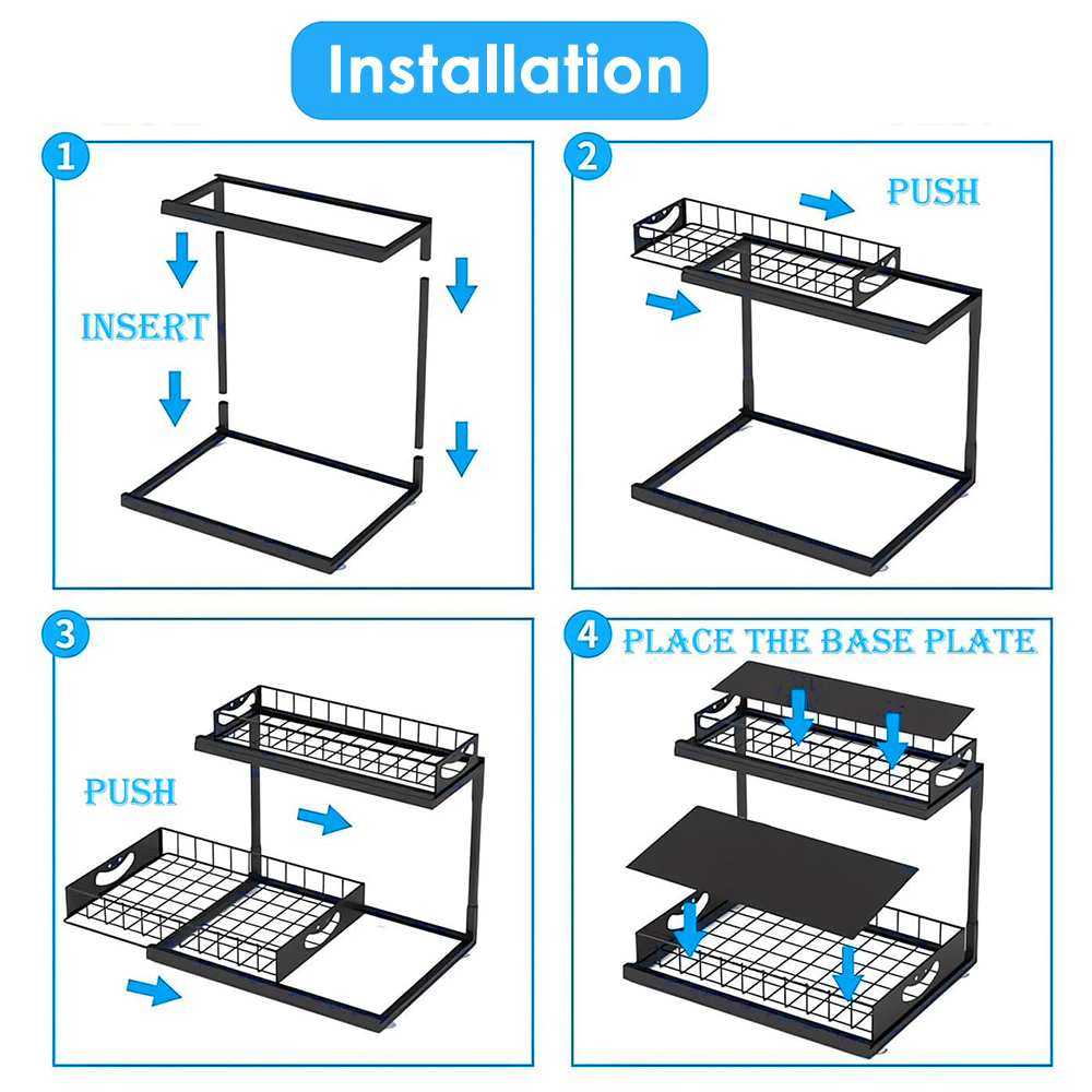 XMZHOU 2 Tiers Kitchen Pull Out Counter Sliding Drawer Shelf, Bathroom Under Sink Organizer, Sturdy And Solid Cabinet Storage For Kitchen Bathroom Home, Black