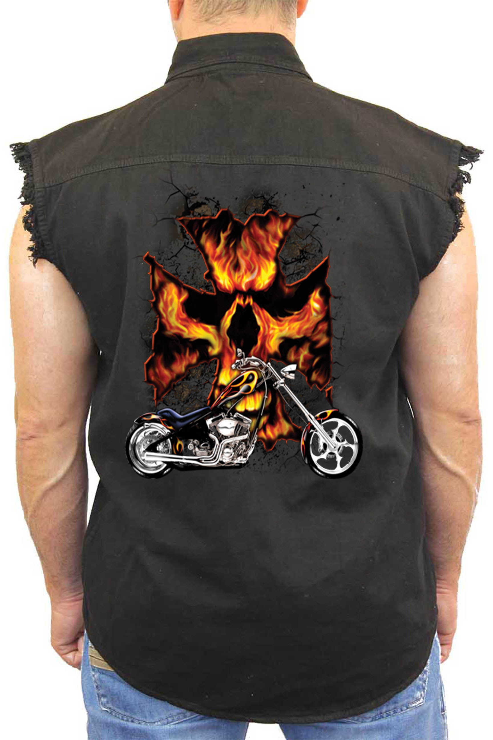 Mens Sleeveless Denim Shirt Motorcycle Flames Skull Cross Biker 