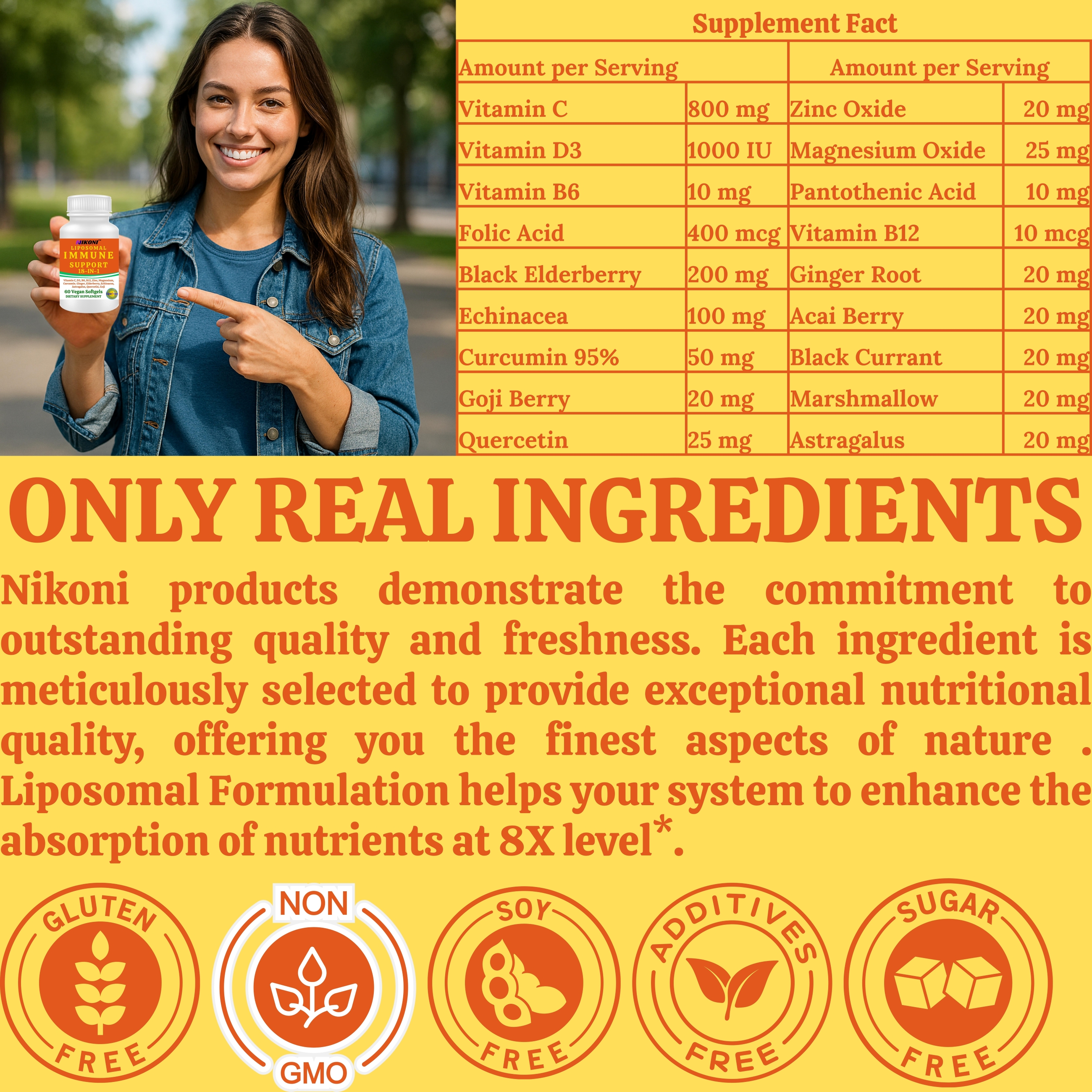 Nikoni Immune Support Dietary Supplement 18-in-1 Liposomal Formula Vegan Softgels 60 Count