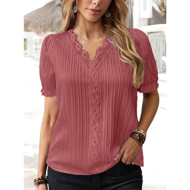 Camisa de manga corta para mujer,Camisa de manga corta para mujer Camisa de manga corta con cuello en V para mujer Camisa de manga corta de encaje para mujer Rendimiento confiable