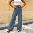 thumbnail image 2 of qolati Wide Leg Pants Women Casual Palazzo Drawstring Elastic Waist Vacation Trousers Side Floral Embroidery Hollow Out Summer Beach Pants Size M, 2 of 6