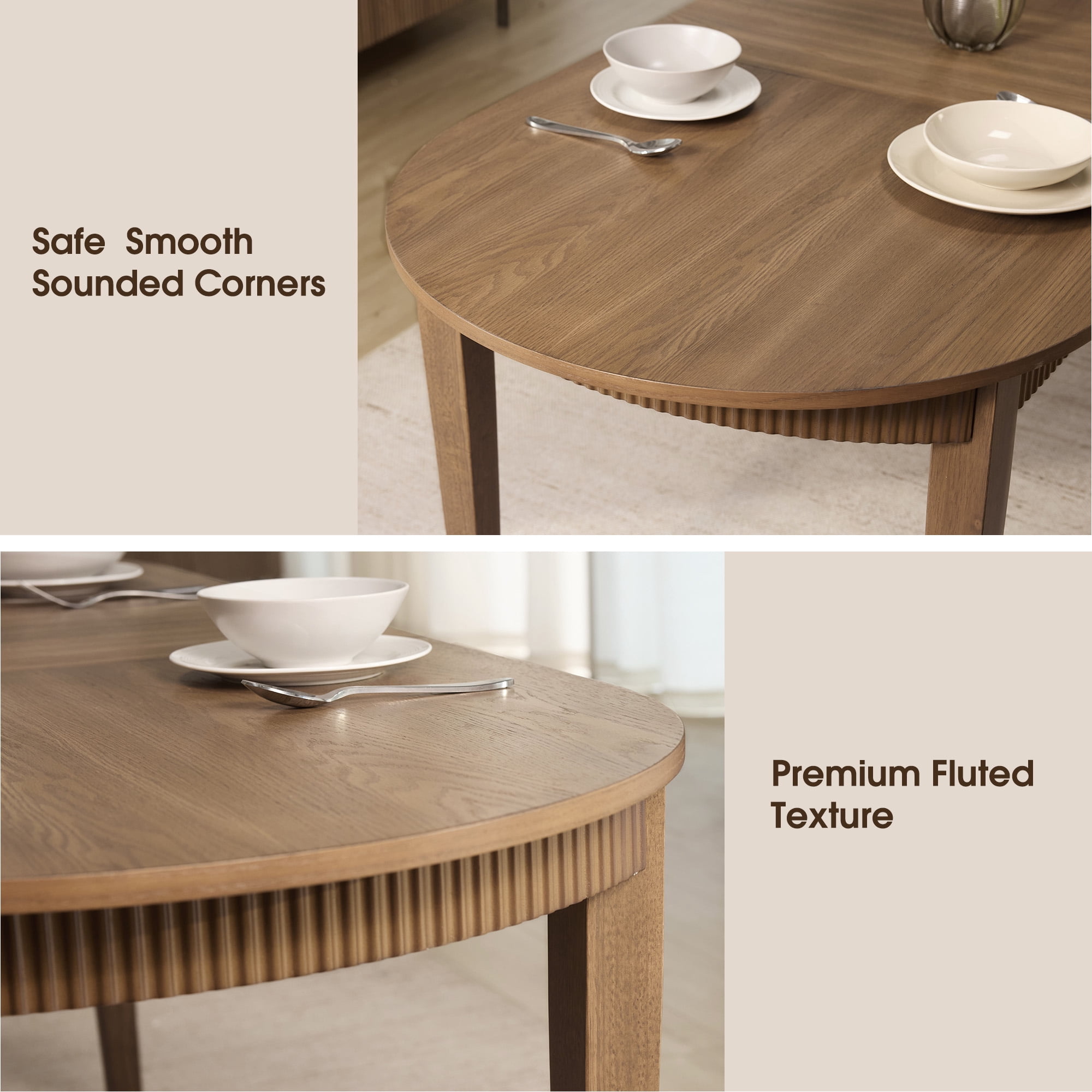 5 Piece Modern Dining Table Set, 73" Solid Wood Oval Dining Table with 4 Polyester Chairs, Dining Set with Fluted Apron for Kitchen & Dining Room