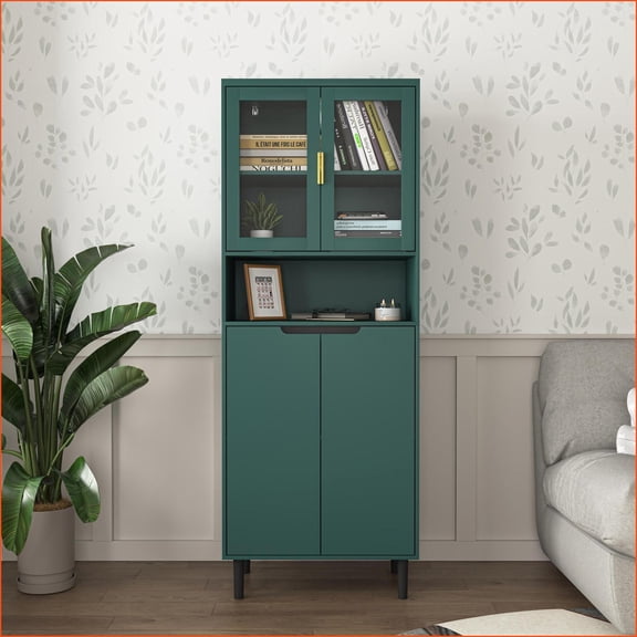 Tall Storage Cabinet with Tempered Glass Doors & Adjustable Shelves – 23.62” L x 13.78” D x 63” H | Sage Green | MDF