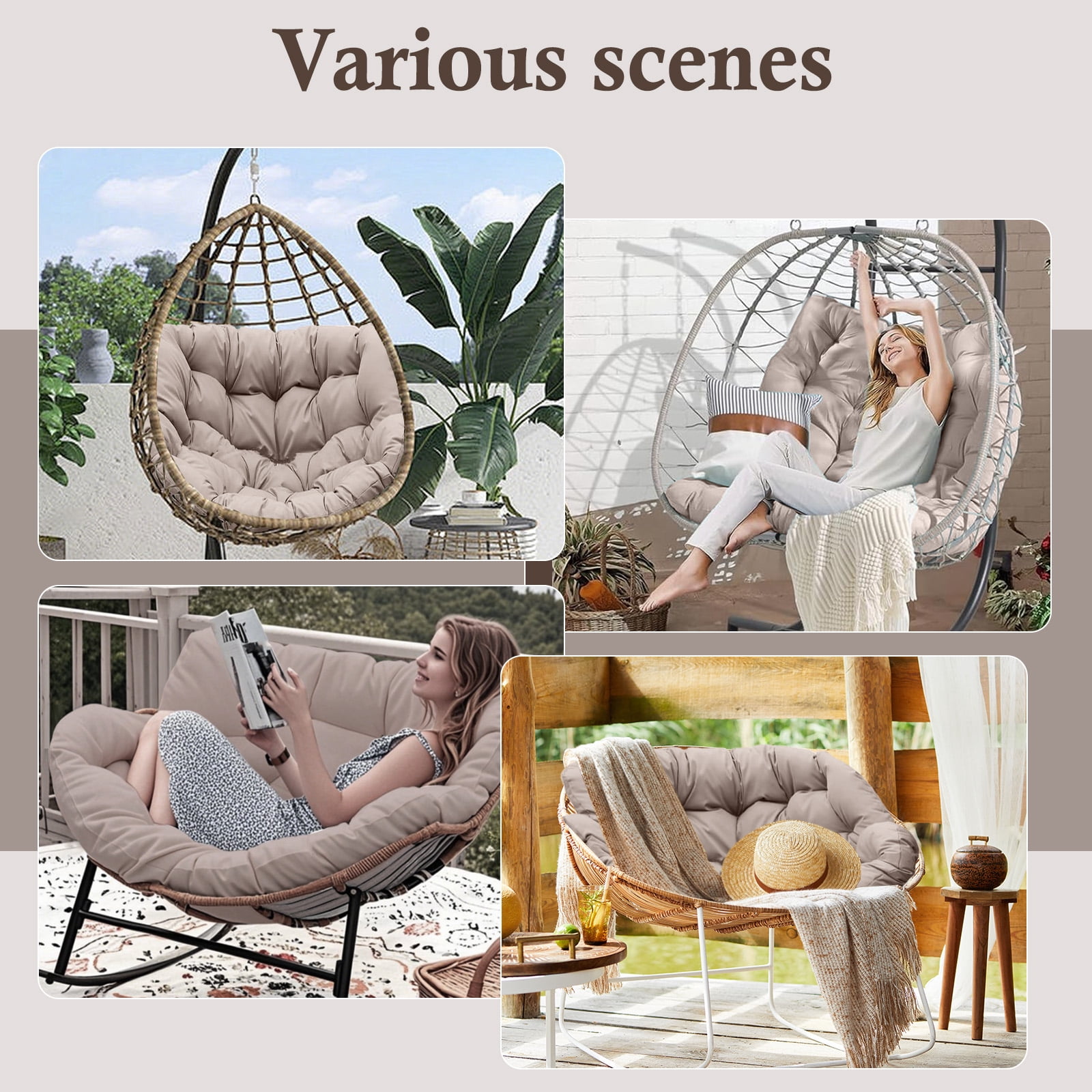 Egg Chair Cushion Replacement Waterproof – Outdoor Rocking Chair Cushions 6.3" Thick UV Resistant with 6 Straps for Patio, Balcony, Garden, Khaki