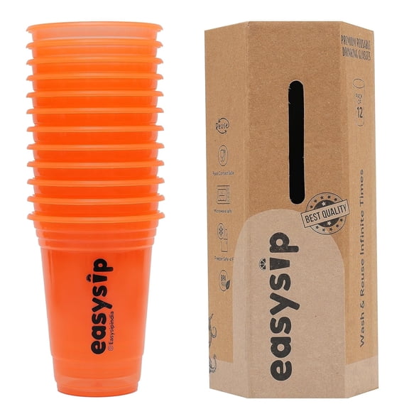 EasySip Reusable Party Glasses | Drinking Glass | BPA-Free | Leak Proof House Party Dispenser | Colourful Juice Tumbler Assorted Cups | Pack of 12 (400 ML - Orange)