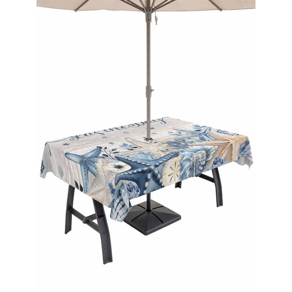 Outdoor Tablecloth with Umbrella Hole for Patio/Picnic/Party/Camping, Navy Blue Starfish Coastal Waterproof Table Cloth Rectangle Table Cover Washable, Vintage Nautical Summer Coral Shell (60"x 84")