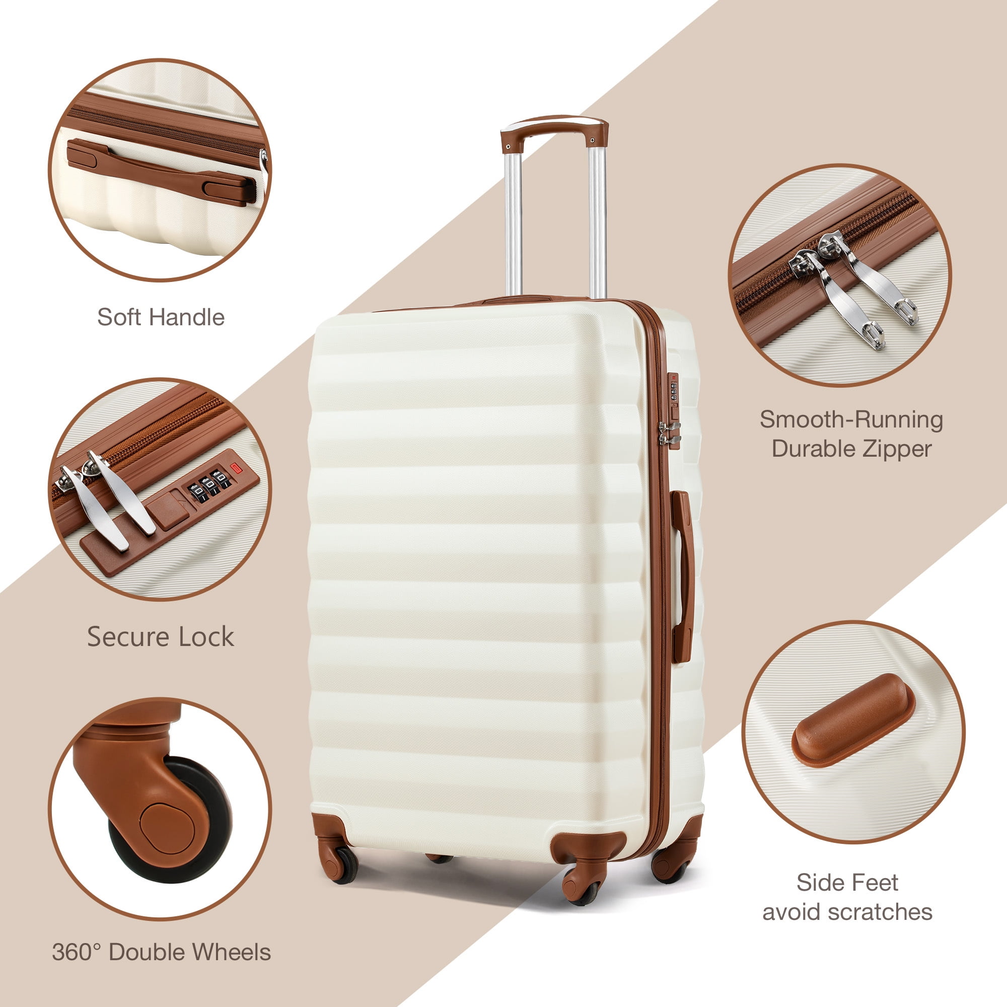 Gowill 3 Piece Luggage Sets 20"/24"/28" Lightweight Hardside ABS Checked Suitcases with Spinner Wheels, White&Brown
