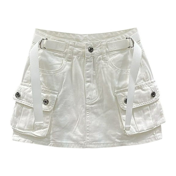 HXWCHs Women Low Waist Denim Mini Cargo Skirt with Pockets Casual Stretch Summer Button Short White XS