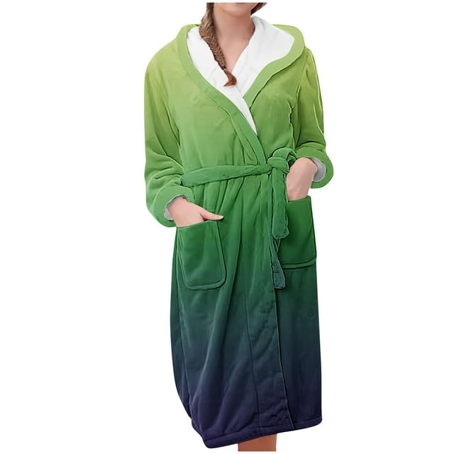Women's Color Gradient Plush Bathrobe, Ombre Fade Hooded Robe, Long Length Belted Loungewear, Soft Fleece Kimono Style Gown, Cozy Gradient Color Change Robe Green L