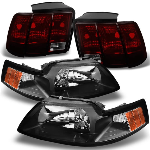 AKKON - For Ford Mustang Black Headlights Head Lamps Replacement Pair   Dark Red Tail Lights Combo Pair Set