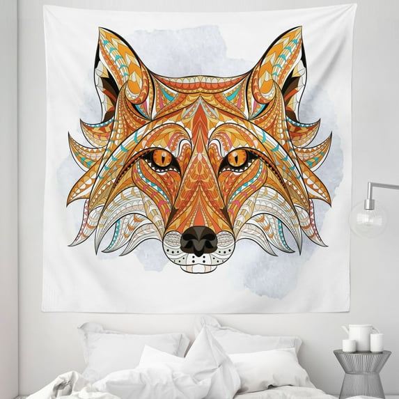 Tribal Tapestry, Geometric Fox Portrait with Oriental Ornaments Totem Animal Fauna Design Print, Fabric Wall Hanging Decor for Bedroom Living Room Dorm, 5 Sizes, Orange Amber, by Ambesonne