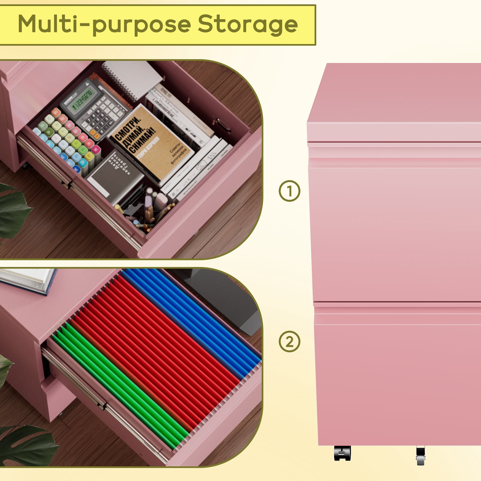 Gaeanet 2 Drawer Mobile File Cabinet, Lockable Metal Filing Cabinet with Wheels for Home Office, Legal/Letter Size,Pink,Fully Assembled Except Wheels
