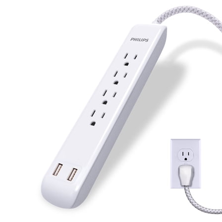 Philips 4-Outlet Surge Protector, 2 USB Ports, 4 ft Braided Extension Cord, 720J, White - SPC6244WC/37
