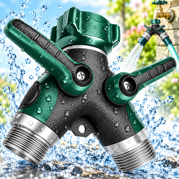 Deally Water Hose Splitter 2 Way Heavy Duty Zinc Alloy Faucet Splitter with 2 Shut off Valves,Garden Hose y Splitter 3/4 Inch for Outside Lawn Garden