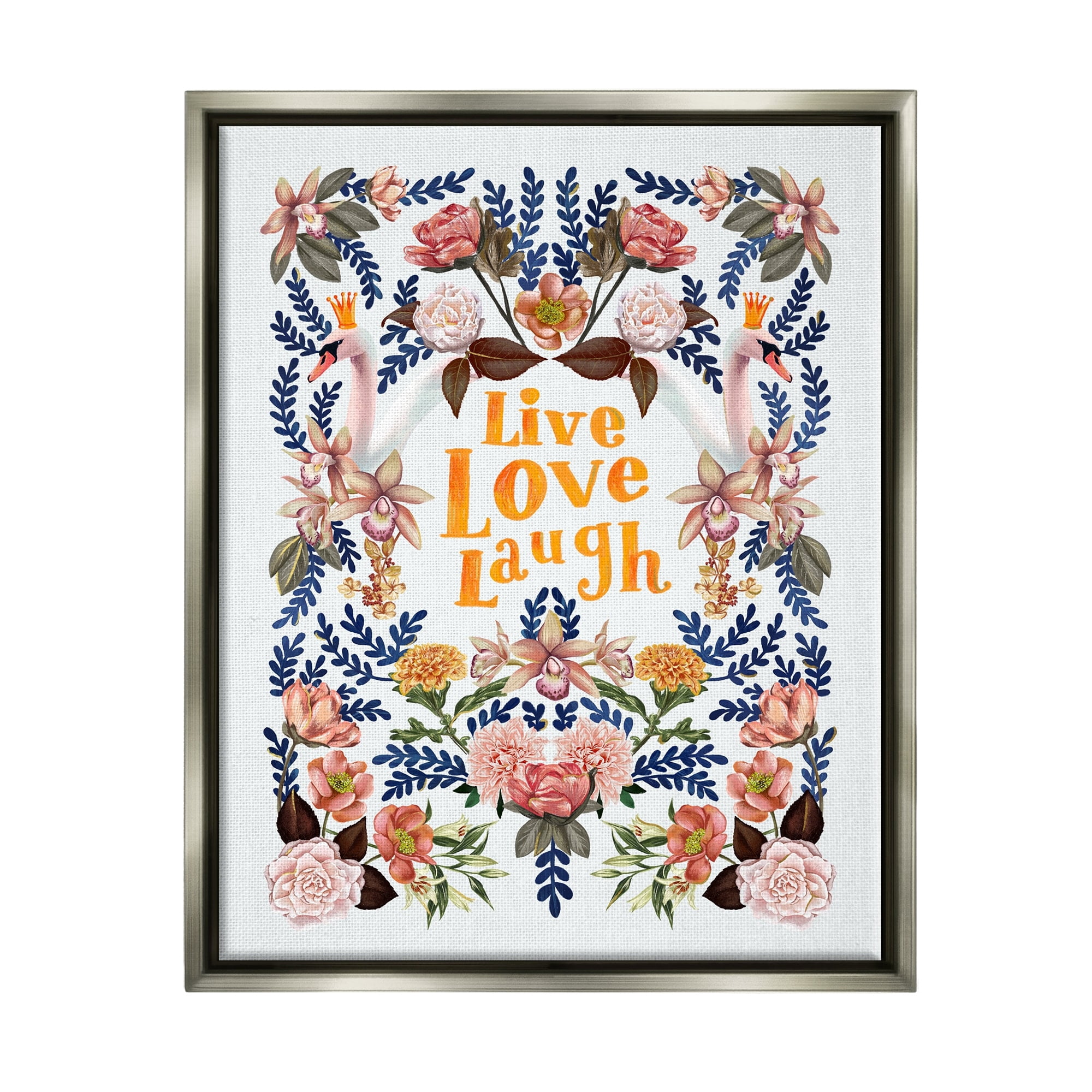 Stupell Industries Live Love Laugh Floral Crowned Swans Botanical Trim Graphic Art Luster Gray Floating Framed Canvas Print Wall Art, Design by Raquel Maciel