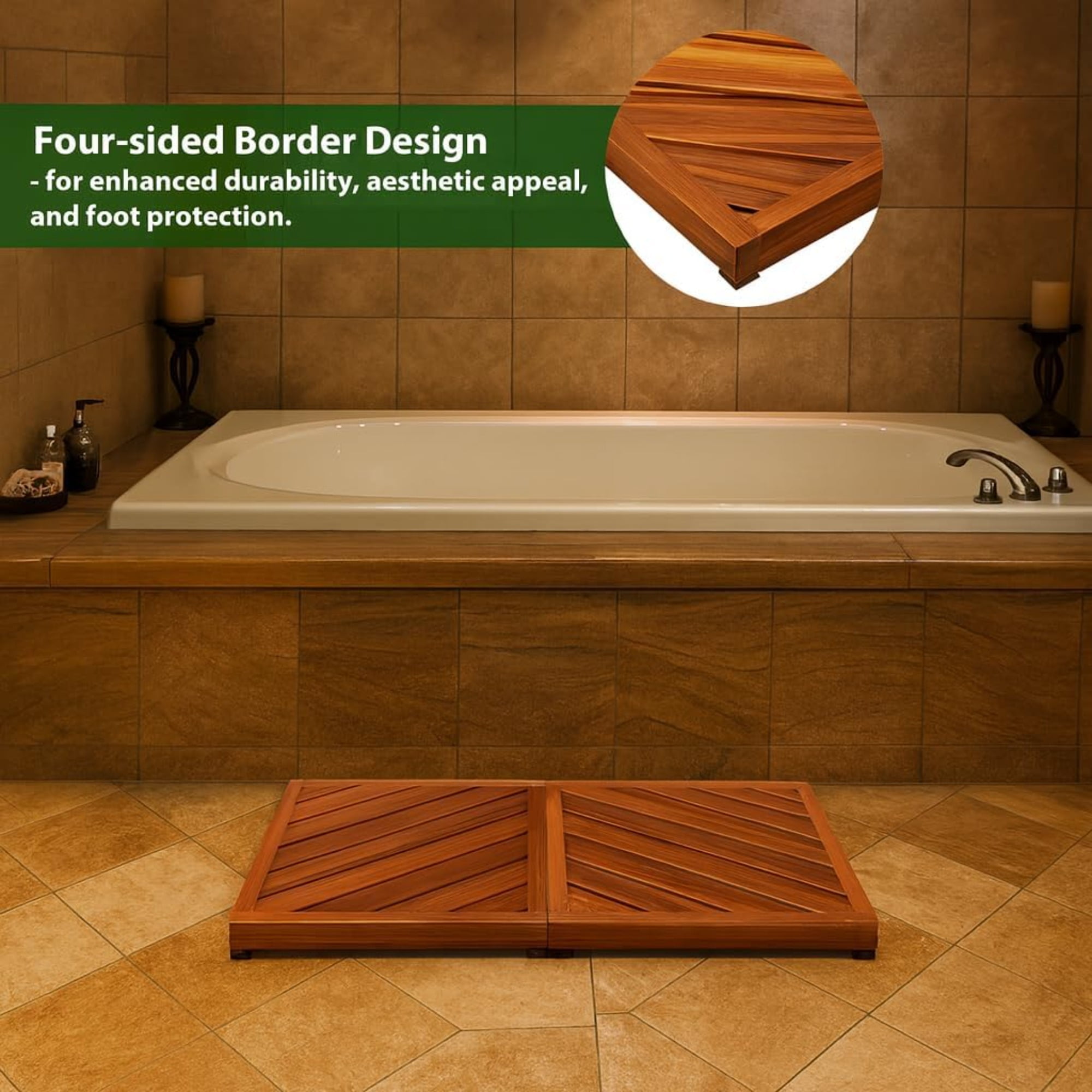 Teak Wood Bath Mat for Bathroom -  Non Slip Wooden Shower Mat Floor Sturdy Mats for Outside Inside Shower Luxury Spa Home or Outdoor, Teak Wood Bath Rug, Water Resistant, Bathroom Rugs & Bath Mats