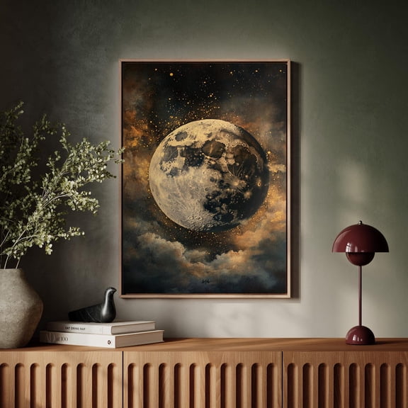 Celestial Full Moon Art - Cosmic Lunar Glow With Golden Stars - Mystical Space Wall Decor For Modern Or Bohemian Spaces Wall Art, Modern Wall Decor, 8x12 UNFRAMED