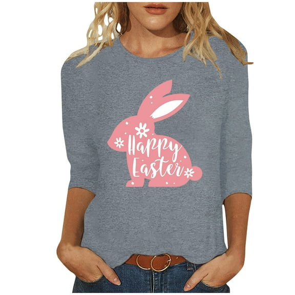 EQWLJWE Plus Size Easter Tops for Women Summer Crewneck 3/4 Sleeve Tees Cute Bunny Graphic T Shirt Loose Blouses Shirt Spring Clothes for Dating Going Out Workout (Gray,S)
