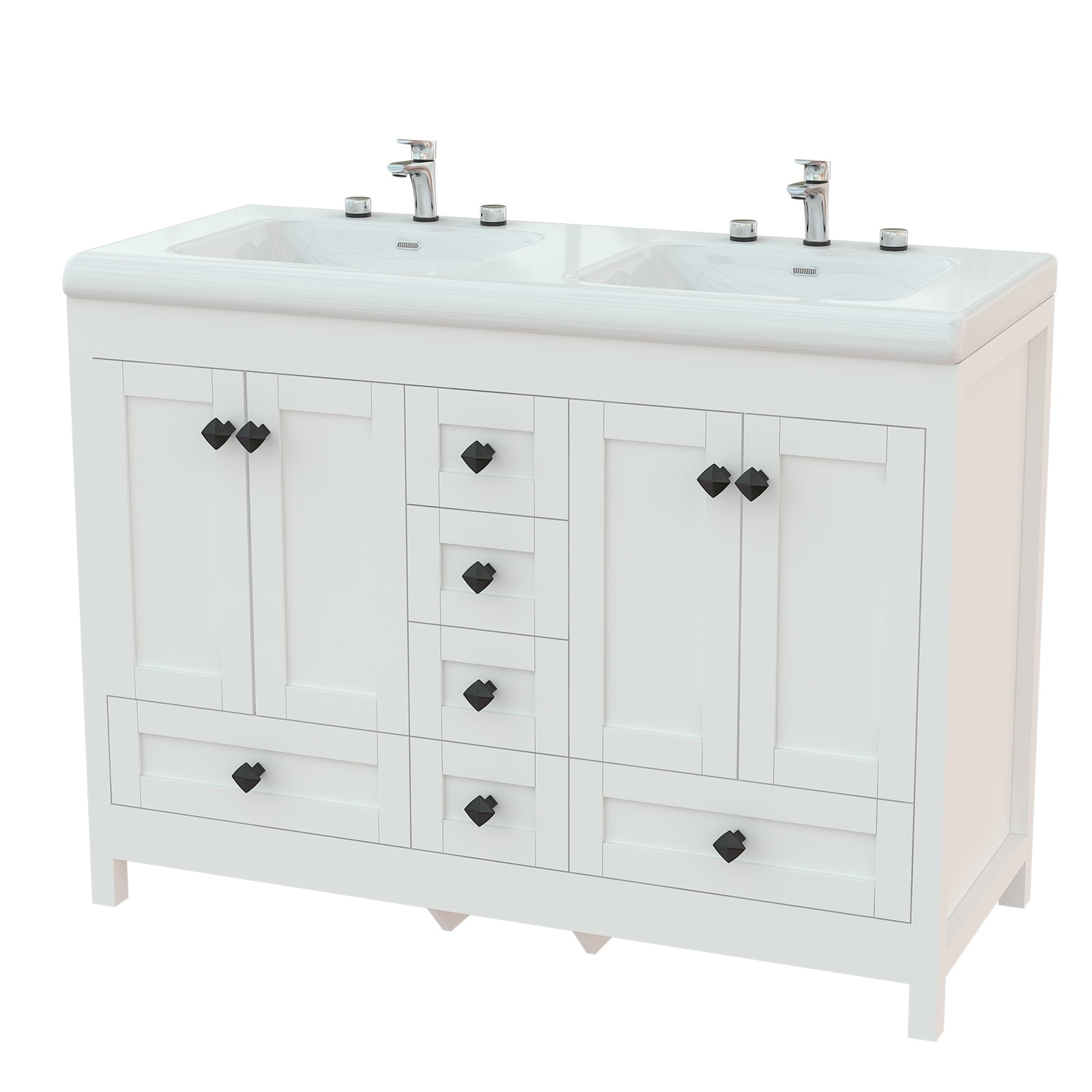 47'' White Bathroom Vanity with Double Ceramic Sink Freestanding Storage Cabinet with 6 Drawers
