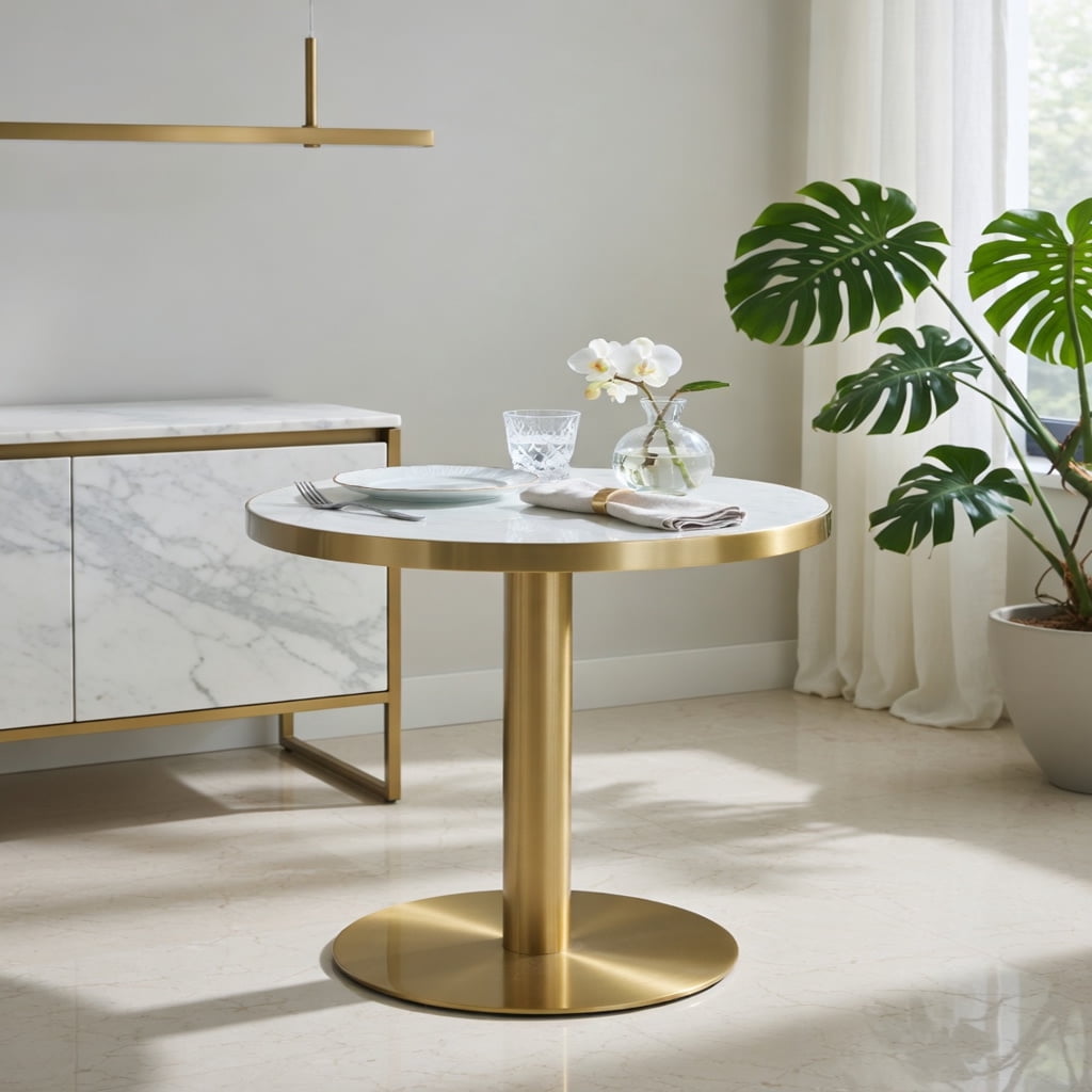 Hommoo 23.6 Inch Round Modern Light Luxury Table with Marble UV Finish & Stainless Steel Edge Banding, MDF Top, Metal Legs, Wobble-Free Design, White & Gold