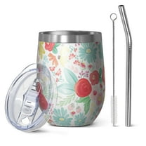 12oz Stemless Wine Tumblers Pioneer Flower Vacuum Insulated Stainless Steel Travel Tumbler Cups Mug with Lid and Straw for Champaign,Cocktail,Beer with Cleaning Brush