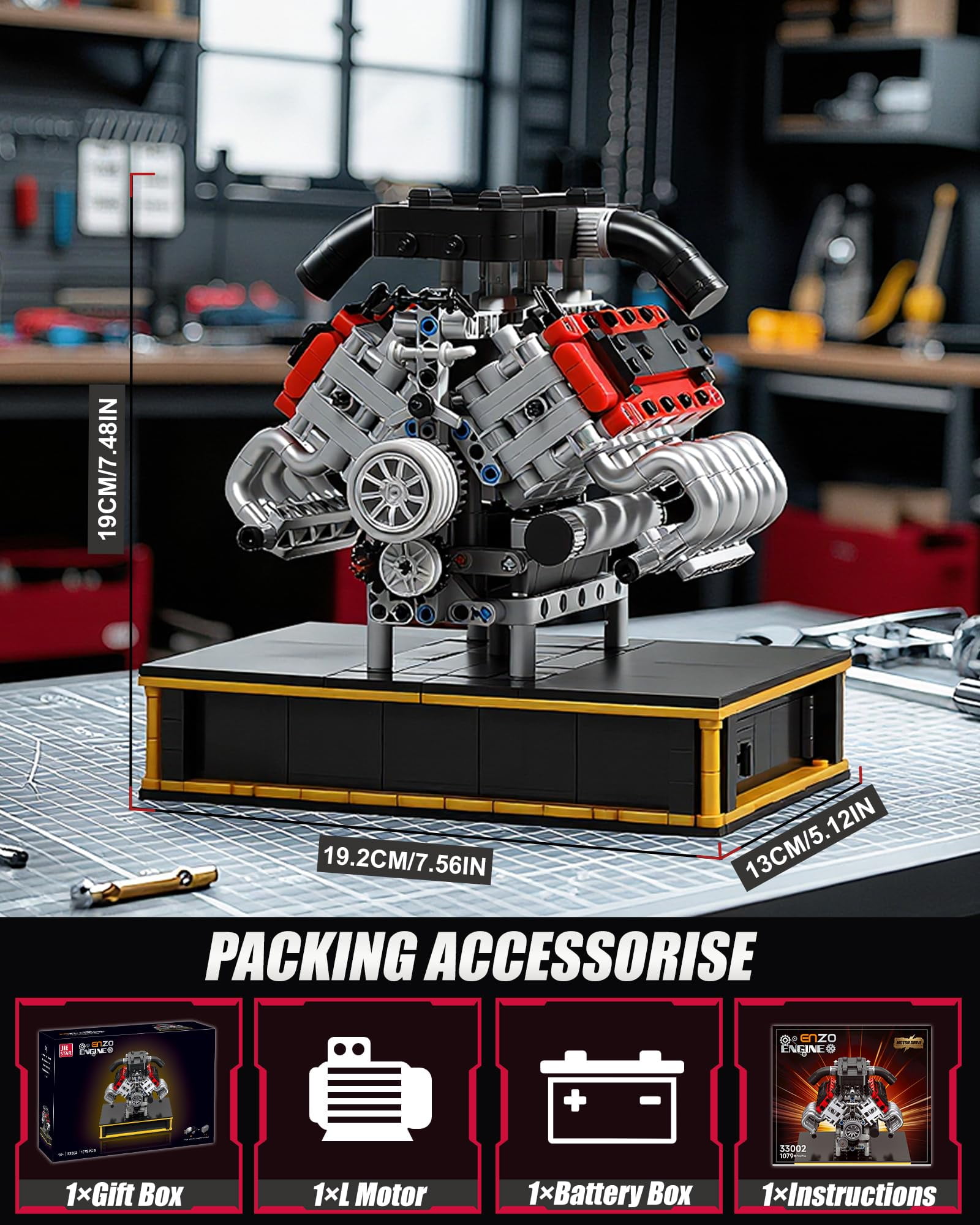 Joycrown V8 Engine Building Set, Build Your Own Mini V8 Model Engine Kit That Run with Battery and Motor, 8-Cylinder Car Model Engine Building Toys for Adults Kids Age 14+ (1079PCS)