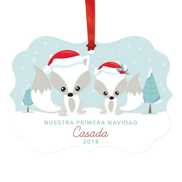 Andaz Press Spanish Family Fancy Frame Christmas Keepsake Ornament, Nuestra Primera Navidad Casada 2024, Married Mr. Mrs, Graphic Winter Fox Family, 1-Pack, Includes Ribbon and Gift Bag
