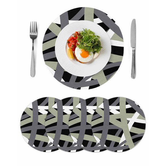 Sage Green Black Geometric Round 15 Inch Placemats Set of 4, Modern Art Abstract Grey Line HeatResistant Non Slip Place Mats for Dining Table, Wipeable Braided Kitchen Table Mats for Housewarming