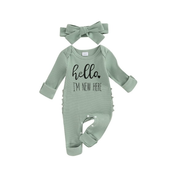 Hirigin Newborn Baby Girl Boy Romper Hello I'M NEW HERE Print Long Sleeve Ribbed Bodysuit Coming Home Fall Winter Clothes
